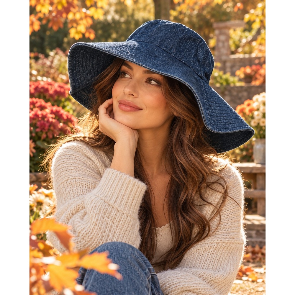 Denim Wide Brim Sun Hat Blue Cotton Floppy Beach Bucket Hat #1612
